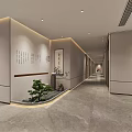 Elegant Modern Restaurant Interior With Marble Service Counter Chandelier And Potted Plant