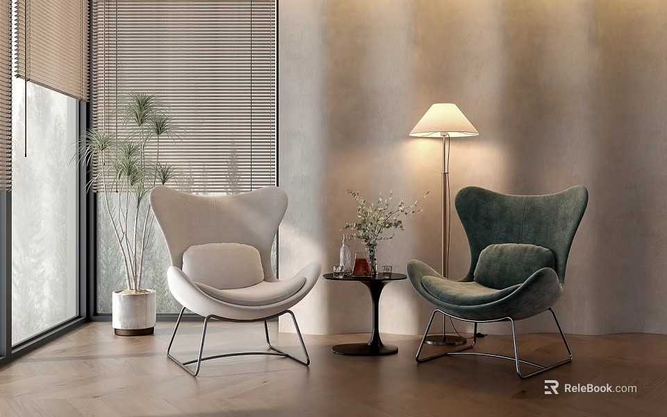 White And Green Leisure Chairs With Curved Design Metal Legs Small Table Flowers Floor Lamp 3d model 