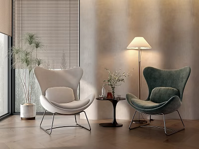 White And Green Leisure Chairs With Curved Design Metal Legs Small Table Flowers Floor Lamp 3d model