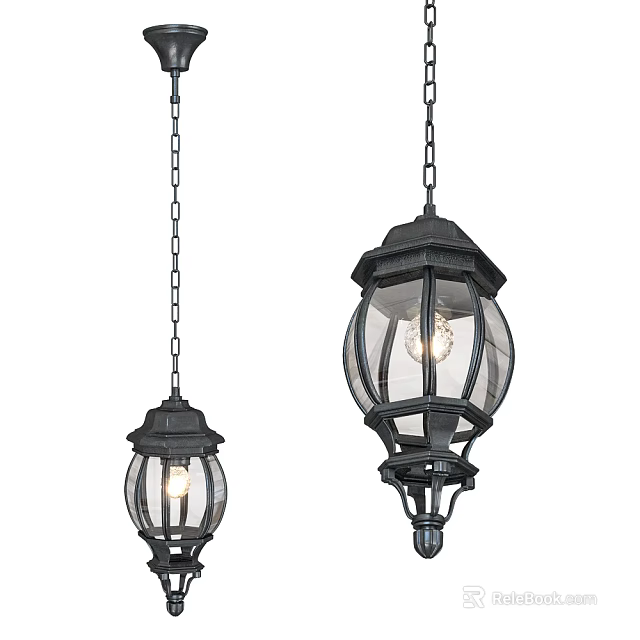 Pair of Classic Black Chandeliers With Glass Shades Ornate Frame And Chain Hanging 3d model 