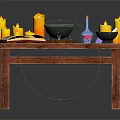 Witch Performing Magic Ritual With Yellow Candles Open Book Green Bowl Potion Herbs On Wooden Table