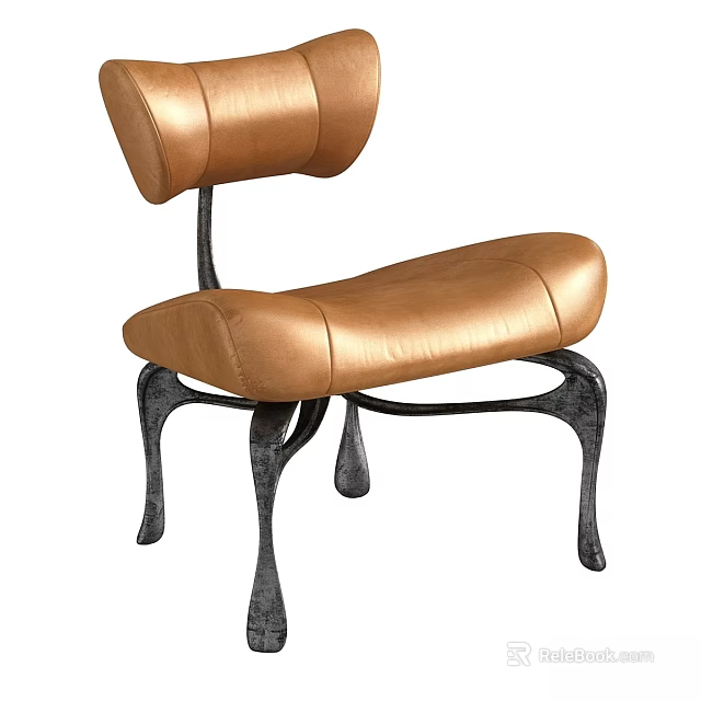Stylish Brown Leather Leisure Chair With Curved Backrest And Black Metal Legs 3d model 