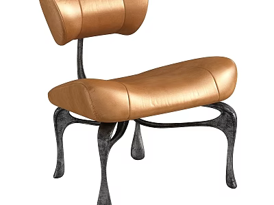 Stylish Brown Leather Leisure Chair With Curved Backrest And Black Metal Legs 3d model