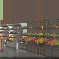 Sturdy Display Shelves in Supermarket Stocked with Fresh Fruits and Vegetables