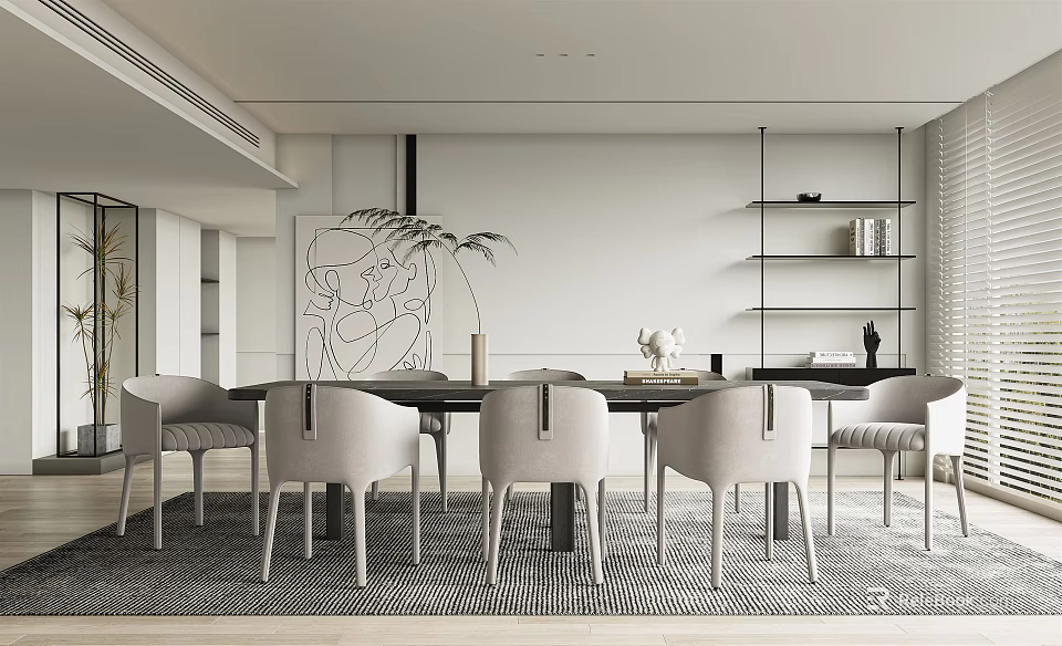 Modern Dining Room With Gray Chairs Rectangular Table Wall Art And Open Shelves 3d model