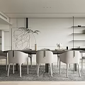 Modern Dining Room With Gray Chairs Rectangular Table Wall Art And Open Shelves