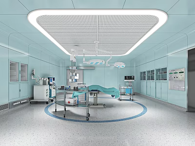 Modern Operating Room With Blue Walls Surgical Lights Medical Equipment And Circular Floor 3d model