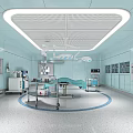 Modern Operating Room With Blue Walls Surgical Lights Medical Equipment And Circular Floor