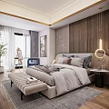 Modern Bedroom Interior With Wooden Accent Wall Bedside Lamp Built-in Wardrobe And Accent Chair