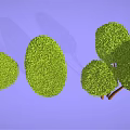 Cartoon Scenery With Various Shaped Green Shrubs Against Purple Background And Brown Tree Trunks