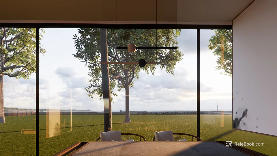 Serene Tea Room Interior With Large Windows Trees And Open Grassland View 3d model 