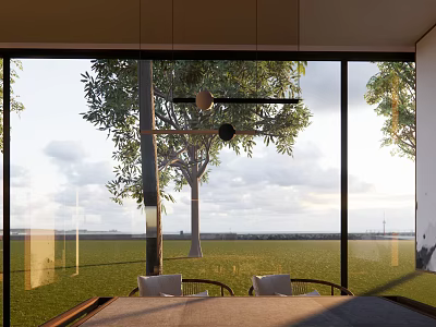 Serene Tea Room Interior With Large Windows Trees And Open Grassland View 3d model