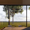 Serene Tea Room Interior With Large Windows Trees And Open Grassland View