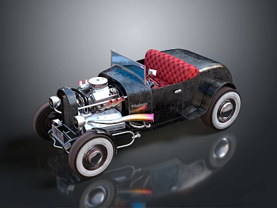Vintage Black Convertible Car with Red Checkered Seats Exposed Engine and White Wheels 3d model