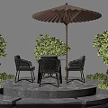 Stylish Outdoor Table With Four Black Rattan Chairs Umbrella And Green Plants On Stone Platform