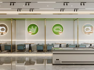 Modern Restaurant Interior With Green Circular Decor White Striped Walls Gold Pillars And Blue Seats 3d model