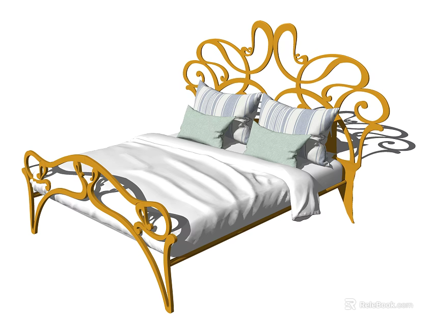 Ornate Golden Iron Double Bed with Curved Design White Sheets and Blue White Striped Pillows 3d model 