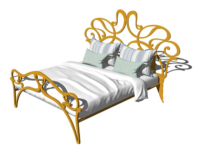 Ornate Golden Iron Double Bed with Curved Design White Sheets and Blue White Striped Pillows 3d model