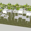 Outdoor White Metal Pergola With Grape Vines Seats Tables And Grass