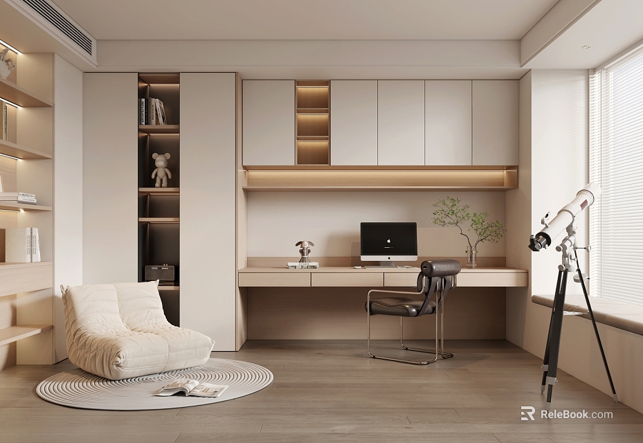Modern Study Room Interior With Desk Computer Bookshelf Cozy Armchair And Floor Lamp 3d model 