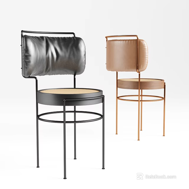Stylish Leather Backrest Accent Chairs With Black and Copper Metal Frame And Round Seat Cushion 3d model 