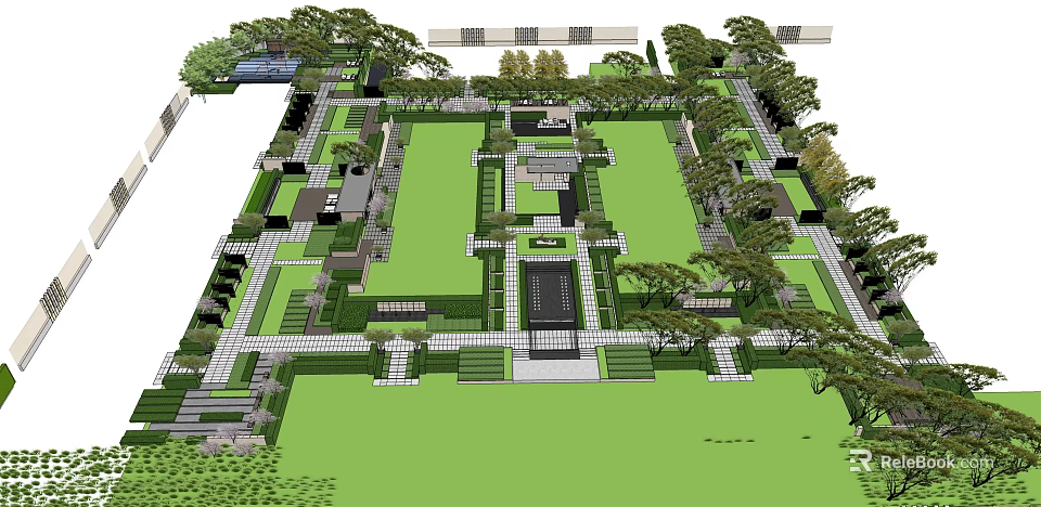 Garden Landscape Design With Symmetric Green Lawn Stone Pathways And Arranged Trees 3d model 