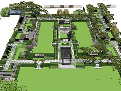 Garden Landscape Design With Symmetric Green Lawn Stone Pathways And Arranged Trees 3d model