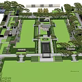 Garden Landscape Design With Symmetric Green Lawn Stone Pathways And Arranged Trees