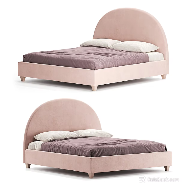 Modern Pink Double Bed with Arched Headboard Purple Mattress and White Pillows 3d model 