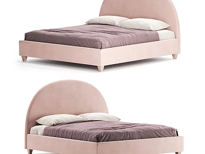 Modern Pink Double Bed with Arched Headboard Purple Mattress and White Pillows 3d model