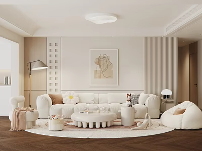 Modern Minimalist Living Room Interior With White Sofa Round Rug And Decorative Painting 3d model