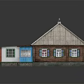 Traditional Residential House With Gray Roof Chimney White Brown Blue Walls Multiple Windows And Red Door
