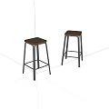 Two Modern Bar Stools With Wooden Seats And Black Metal Legs