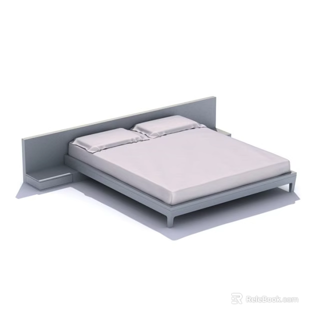 Modern Double Bed with Light Colored Mattress and Attached Side Shelf Headboard 3d model 