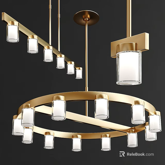 Stylish Modern Chandelier With Gold Circular Frame And Transparent Glass Shades 3d model 