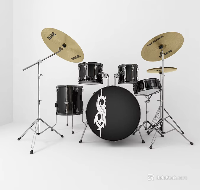 Black Drum Set With Cymbals Stands And White Patterned Bass Drum 3d model 