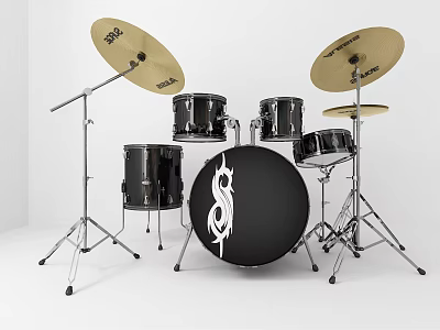 Black Drum Set With Cymbals Stands And White Patterned Bass Drum 3d model