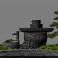 Serene Karesansui Garden With Stone Water Basin Pine Tree Green Moss And Stepping Stones
