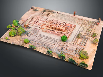 Ancient Architectural Model with Intricate Layout Miniature Buildings and Green Trees 3d model