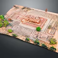 Ancient Architectural Model with Intricate Layout Miniature Buildings and Green Trees