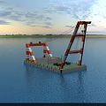 Large Industrial Floating Crane With Orange And White Gantry Structure On Barge Floating On Water
