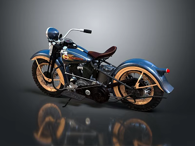 Classic Blue Vintage Motorcycle With Brown Leather Seat And Golden Wheels 3d model