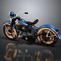 Classic Blue Vintage Motorcycle With Brown Leather Seat And Golden Wheels