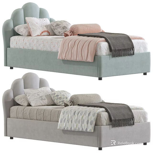 Light Green and Gray Single Bed with Upholstered Headboard Patterned Sheets Pillows and Blankets 3d model
