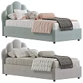 Light Green and Gray Single Bed with Upholstered Headboard Patterned Sheets Pillows and Blankets 3d model