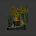 Cartoon Scene With Lush Green Trees Small Cabin Wooden Bridge And Warm Sunlight