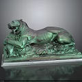 Reclining Lion Bronze Statue With Green Patina And Leaf Decorated Base