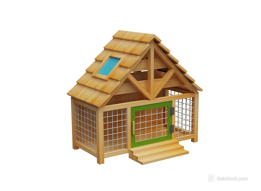 Wooden Pet House With Blue Window On Roof Green Door Grid Design And Steps 3d model 