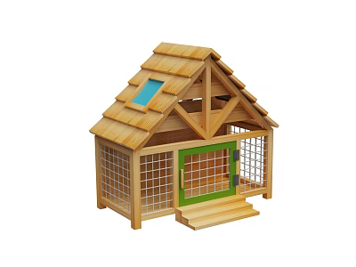 Wooden Pet House With Blue Window On Roof Green Door Grid Design And Steps 3d model