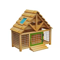 Wooden Pet House With Blue Window On Roof Green Door Grid Design And Steps